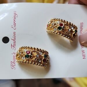 Vintage Open Hoop Fashion earrings - gold tone with colored stones -NWT